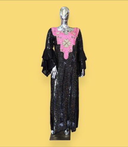 Oreofe Collection: Boubou Kaftan with Pink Embroidery and Gold Stones