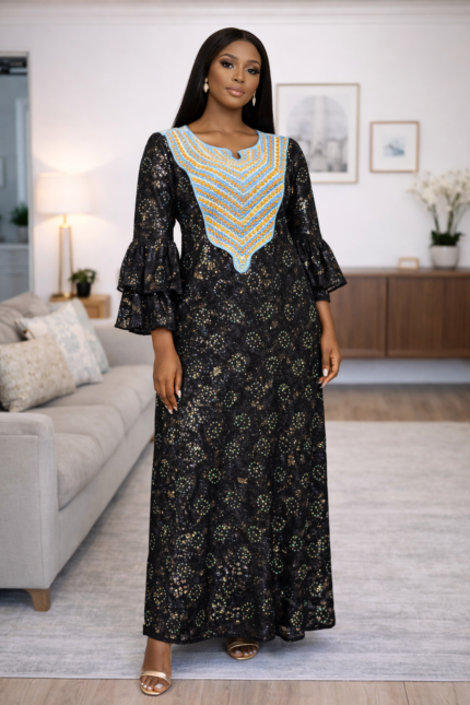 Bola Collection: Boubou Kaftan - Embroidered Radiance with Shining Stone Accents