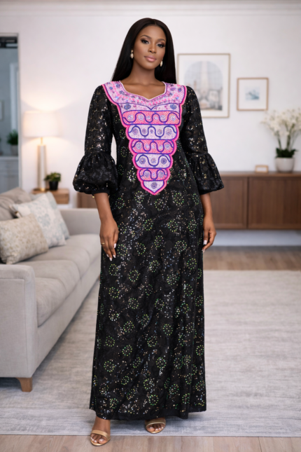 Bola Collection: Boubou Kaftan - Embroidered Elegance with Exquisite Rhinestone Accents
