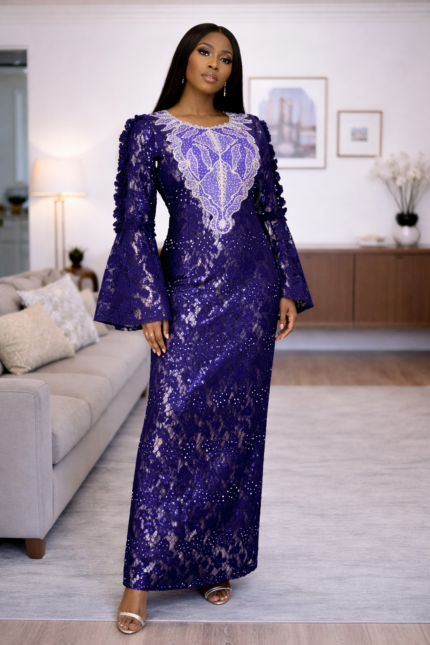 Bolu Collection: Velvet Visions Boubou Kaftan - Intricate Embroidery and Dazzling Stonework
