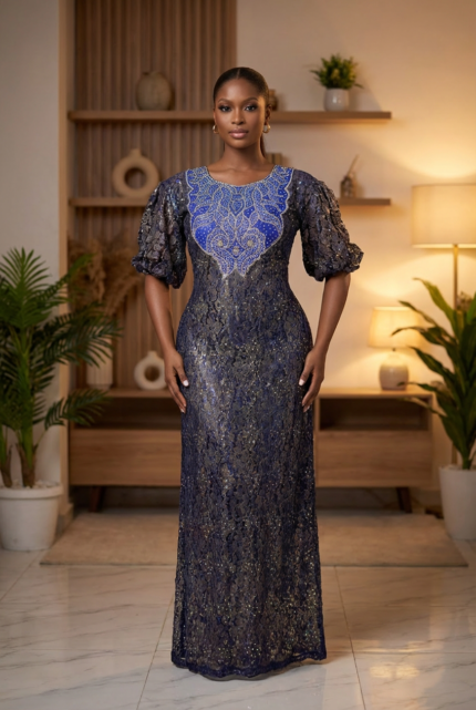 Bolu Collection: Coral Cascade Boubou Kaftan - Handcrafted Embroidery and Radiant Stones