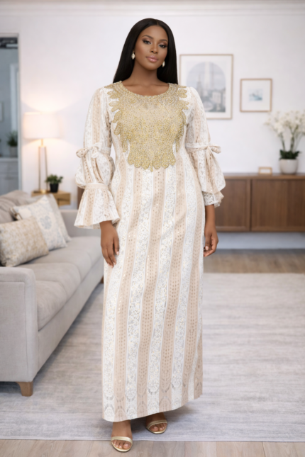 Bolu Collection: Mystical Melody Boubou Kaftan - Embroidered Elegance with Glistening Stones