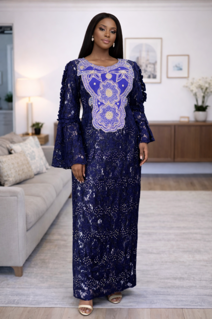 Bolu Collection: Golden Gala Boubou Kaftan - Embellished Embroidery with Sparkling Stones