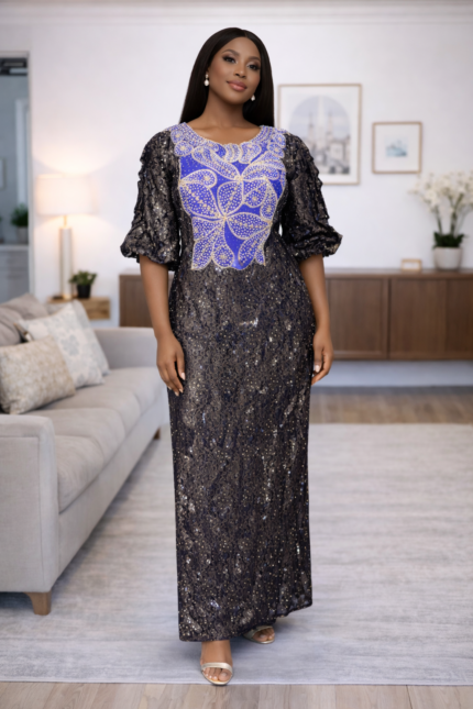 Bolu Collection: Harmony Haven Boubou Kaftan - Embroidered Opulence with Glittering Stones