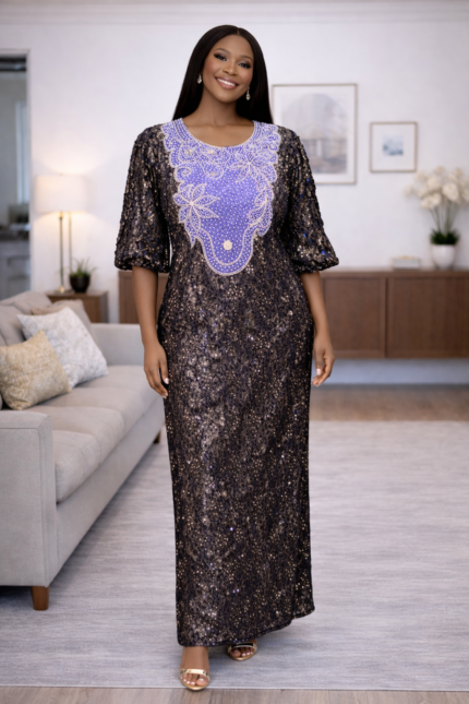 Bolu Collection: Enchanted Eden Boubou Kaftan - Embroidered Splendor with Twinkling Stones