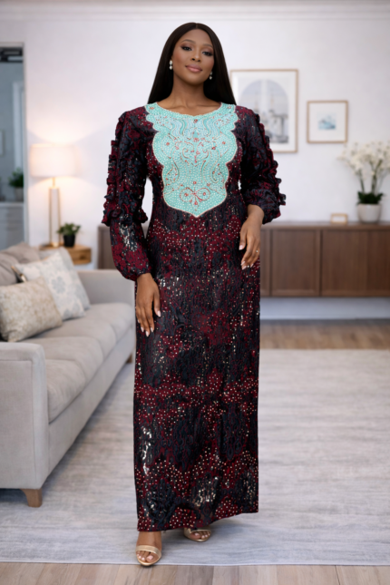 Bolu Collection: Sapphire Serenade Boubou Kaftan - Luxurious Embroidery with Dazzling Stones