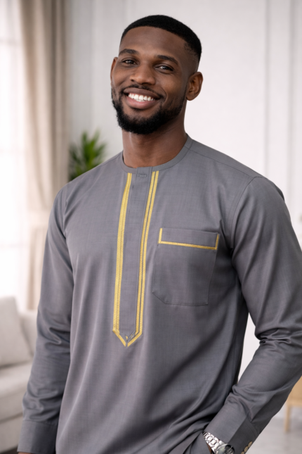 Gray Kaftan with Yellow Embroidery