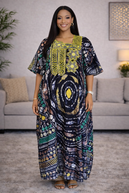 Ewa Collection: Twilight Tango Boubou Kaftan - Handcrafted Embroidery and Shimmering Stones
