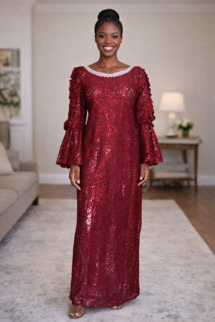 Ezinne Collection: Boubou Kaftan with Adorned Neckline and Elegant Pleated Sleeves