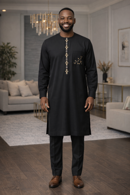 Black Kaftan with Gold & Silver Embroidery